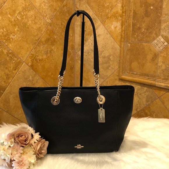 Coach Handbags - NWT Coach Black Pebble Leather Turnlock Tote 2